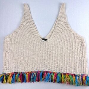 Debut Cream Cropped Crochet Rainbow Fringe Tank Festival Knit Sz M/L